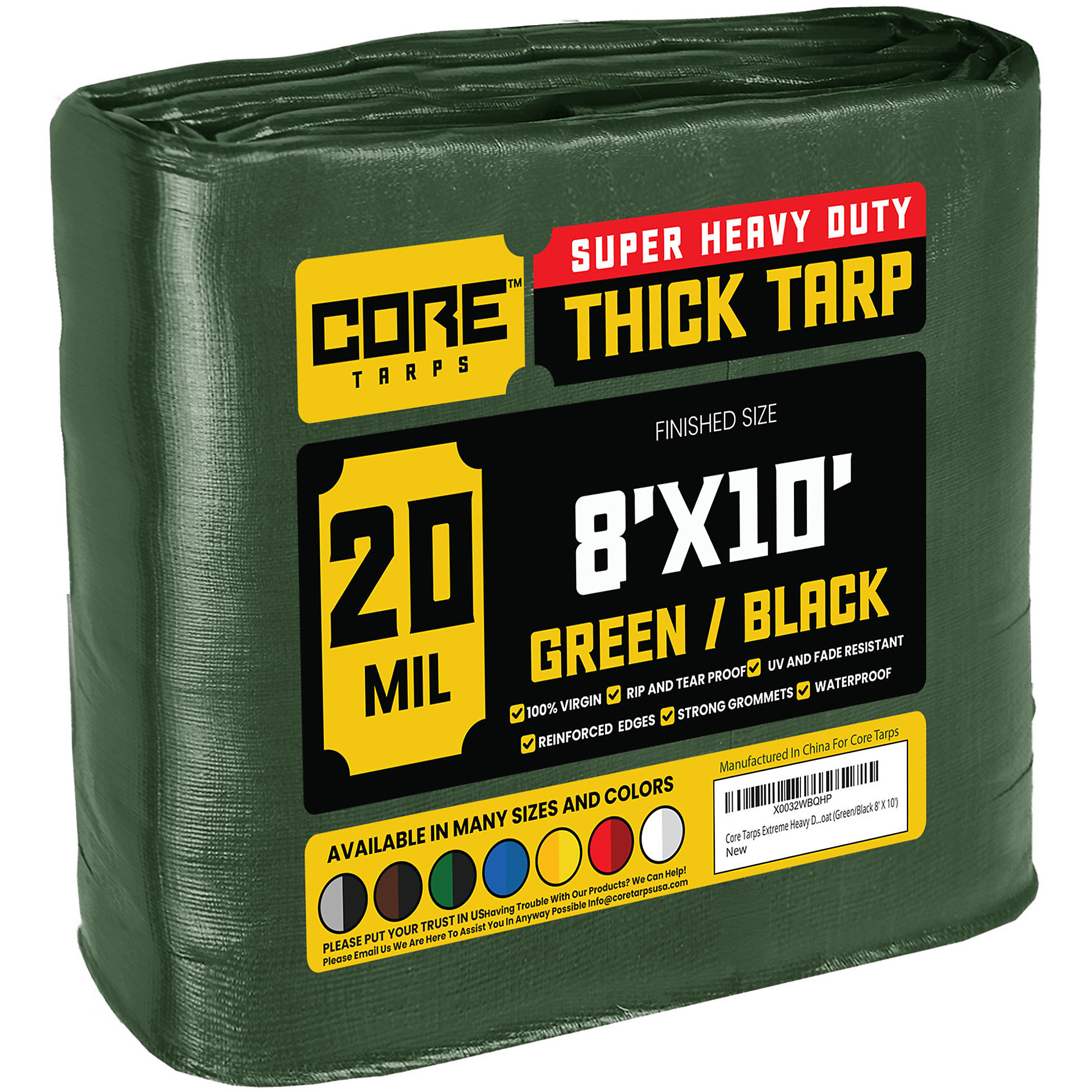 Core Tarps Extreme Heavy Duty 20 Mil Tarp Cover, Waterproof, UV Resistant, Rip and Tear Proof, Poly Tarpaulin with Reinforced Edges for Roof, Camping, Patio, Pool , Boat (Green/Black 8' X 10')